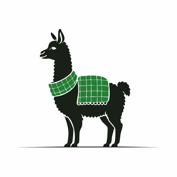 Stylized Black Llama with Green Plaid Blanket and Scarf