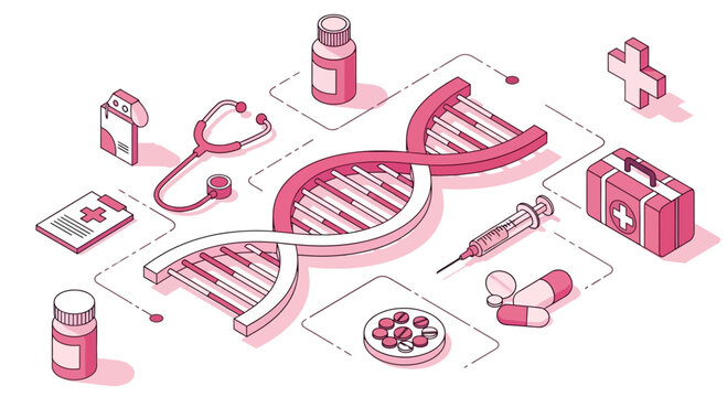 Medical Illustration Featuring Genetic Code, Healthcare Elements, and Clinical Tools