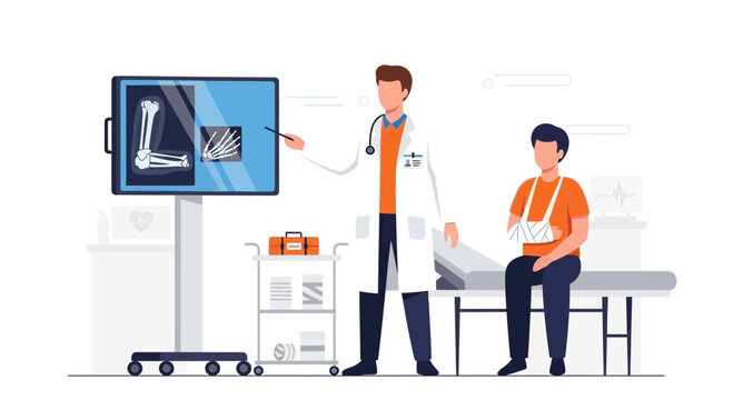 Medical Illustration Featuring Doctor Explaining X-ray Results to Injured Patient in Clinic