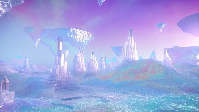 Futuristic landscape with crystal structures in vibrant dreamlike environment