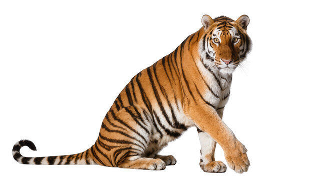Isolated adult Bengal tiger sitting naturally, looking directly at viewer, majestic wild cat