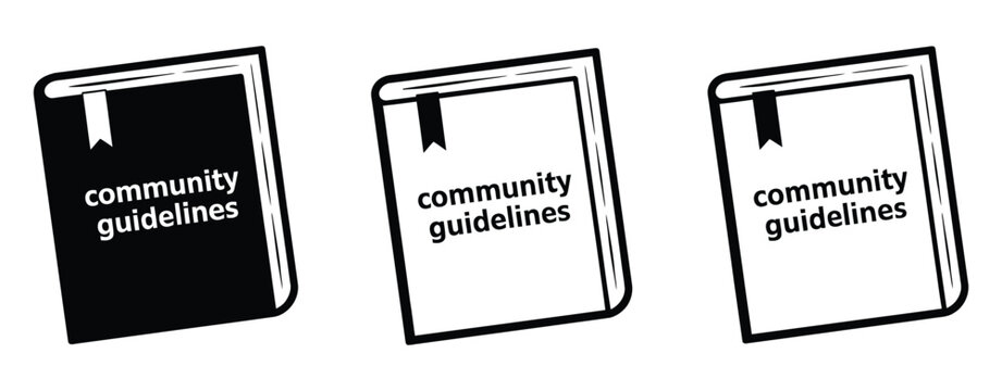 Community guidelines book icons set featuring three black and white symbols, representing rules, regulations, policies, content standards, and digital platform governance.