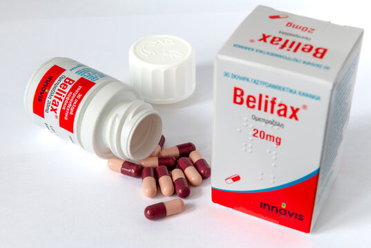 London. UK- June 07. 2026. The box, package and contents of the stomach medicine Belifax isolated on white.