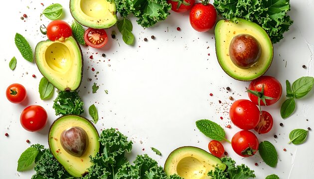 Top view of fresh avocado halves and cherry tomatoes forming frame border on white background