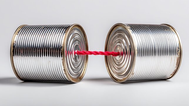 Tin can telephone device connected by a vibrant red string representing communication, simple analog technology, and connection against a neutral studio backdrop