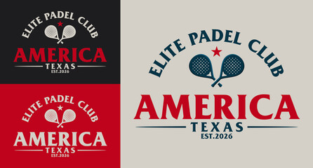 illustration vector set of premium vintage retro classic  america padel club logo design, sport club badge emblem decorative with crossed padel rackets, the lone star for texas padel branding design © Sapto Sutrisno