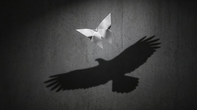 Conceptual surreal illustration of a white origami butterfly casting a powerful shadow of an eagle with spread wings on a textured concrete wall.