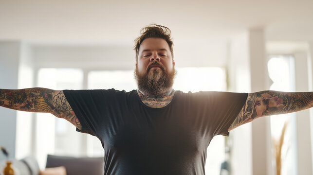 Confident tattooed plus-size man balancing in yoga tree pose indoors, inclusive fitness and body positivity lifestyle, mindfulness practice at home, wellness, mental wellbeing, sel