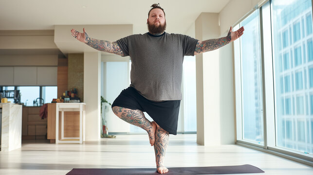 Confident tattooed plus-size man balancing in yoga tree pose indoors, inclusive fitness and body positivity lifestyle, mindfulness practice at home, wellness, mental wellbeing, sel