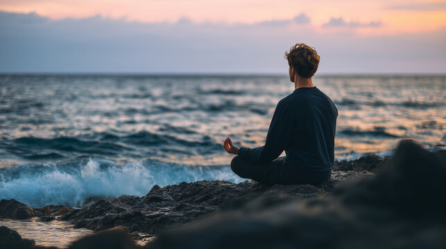 Man meditating on rocky beach by the sea at dusk, peaceful mindfulness practice near ocean waves, outdoor yoga retreat, mental clarity, stress relief, solitude, relaxation and emot