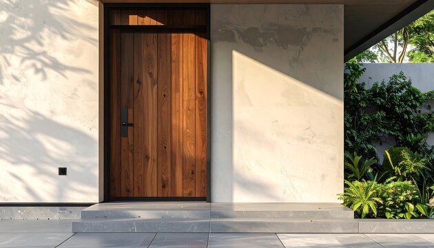 Modern house entrance with luxury wooden front door concrete stairs and green plants