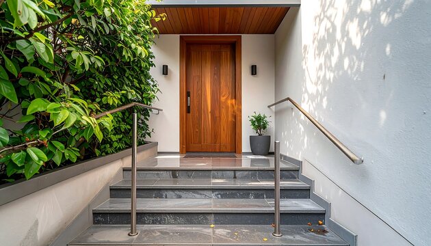 Modern House Entrance with Wood Front Door and Stone Steps