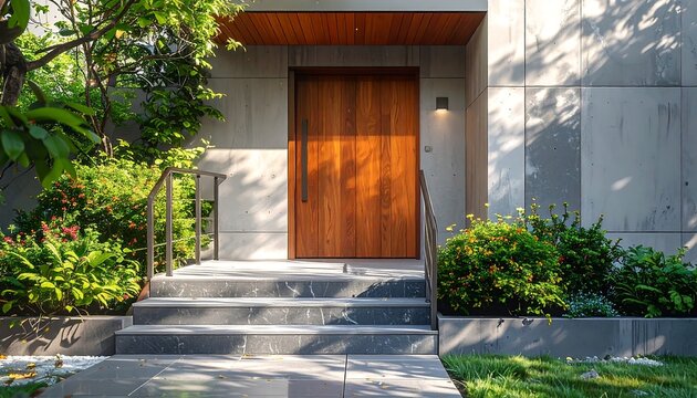 Modern house entrance with wooden door stone steps and green plants in sunny daylight