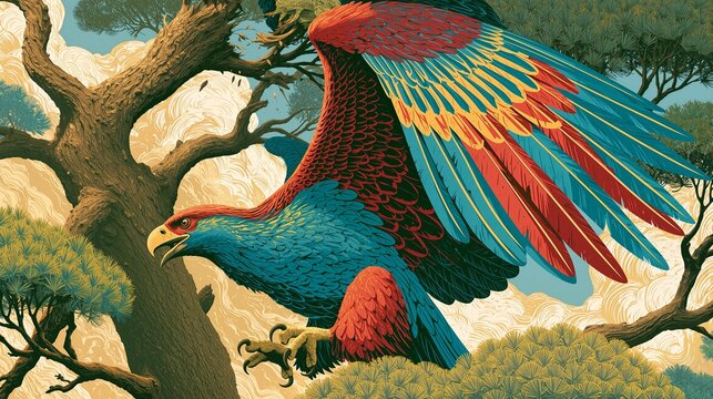 A massive eagle with brightly colored plumage breaking off the top of a cedar tree, Ezekiel's riddle