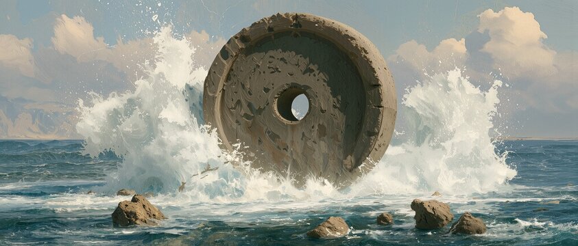 A massive millstone thrown into the sea by a mighty angel, violent splash, symbolic destruction