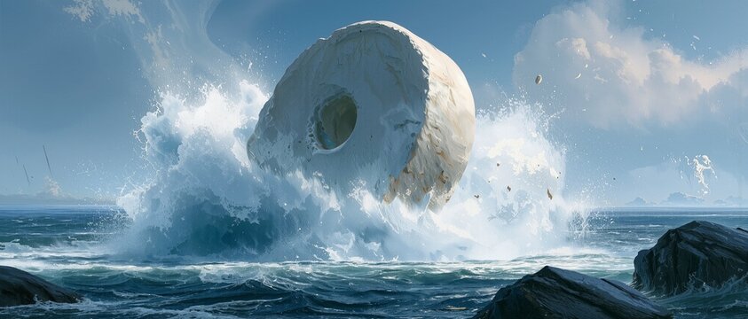 A massive millstone thrown into the sea by a mighty angel, violent splash, symbolic destruction
