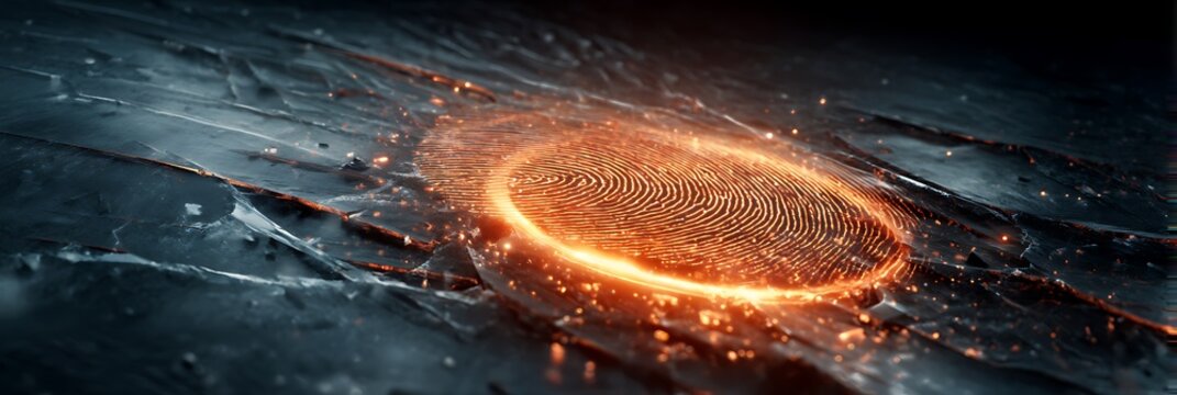 Glowing orange biometric fingerprint scan on dark textured metallic surface representing cybersecurity, digital identity verification, and forensic science technology