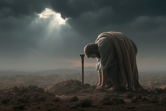 A servant burying a talent in the earth under dark clouds, Parable of the Talents