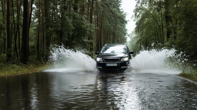 Car driving through flooded road after heavy rainfall, black vehicle creating large water splash, forest road surrounded by green trees, realistic storm aftermath and flood risk co