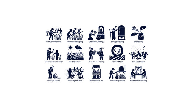 Agricultural harvest ritual labeled icon set