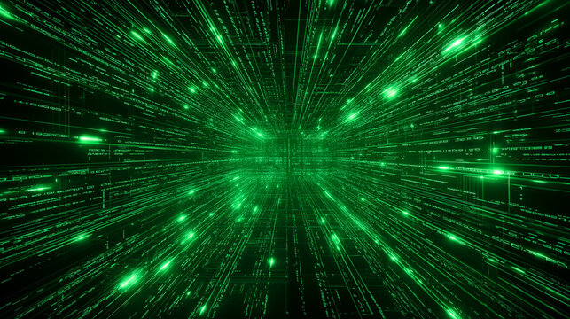 Green futuristic digital data tunnel background with glowing matrix lines, cyber grid perspective, abstract information flow, big data network, cybersecurity, AI computing and virt