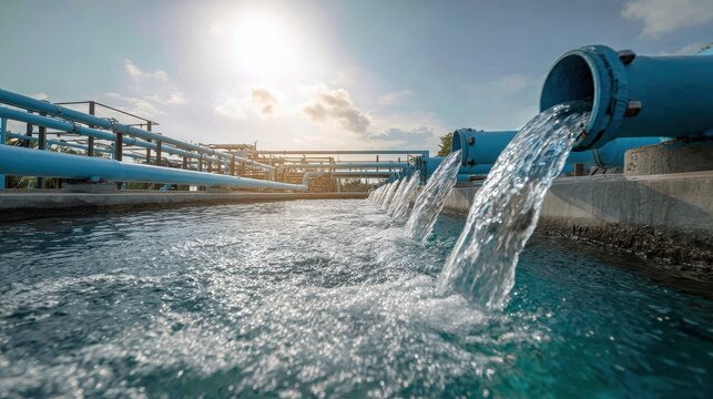 Water treatment plant pipes discharging water into a pool