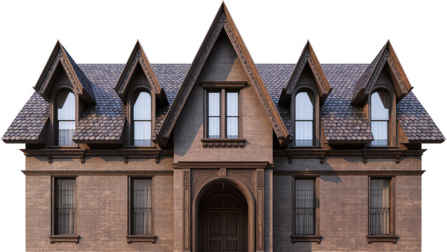 Isolated ornate Victorian brick house facade with elegant dormer windows and tiled roof