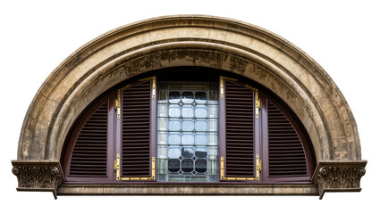 Isolated elegant arched window with decorative stone trim, closed wooden shutters, and patterned glass © Cian