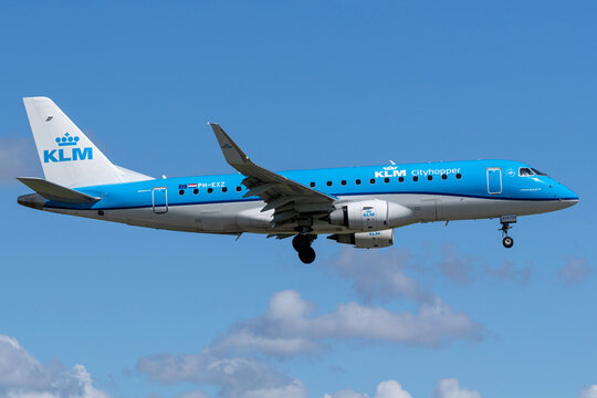 Vijfhuizen, Netherlands - June 5, 2026: Dutch KLM Cityhopper Embraer ERJ-175 with registration PH-EXZ on final for runway 18R (Polderbaan) of Amsterdam Airport Schiphol