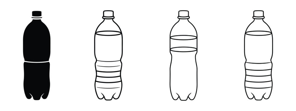 Plastic bottle icons set featuring PET bottles, water containers, and beverage packaging symbols in white vector style for product design and labeling.