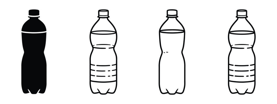 Plastic bottle icons featuring water container and PET bottle symbols in a white vector set, representing beverage packaging, recycling, and product design concepts.
