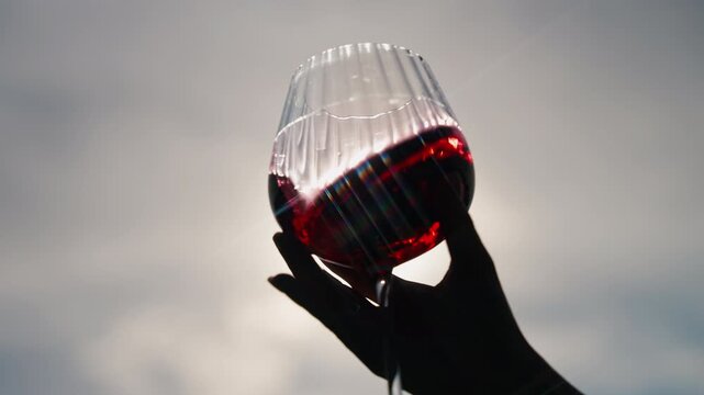 Red Wine Swirling, Examined Against Bright Sky During Outdoor Tasting Experience