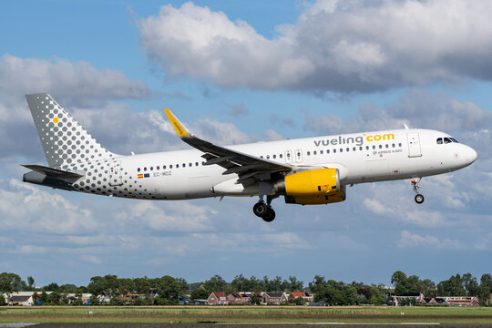 Vijfhuizen, Netherlands - June 5, 2026: Spanish Vueling Airbus A320-200 with registration EC-MDZ on short final for runway 18R (Polderbaan) of Amsterdam Airport Schiphol