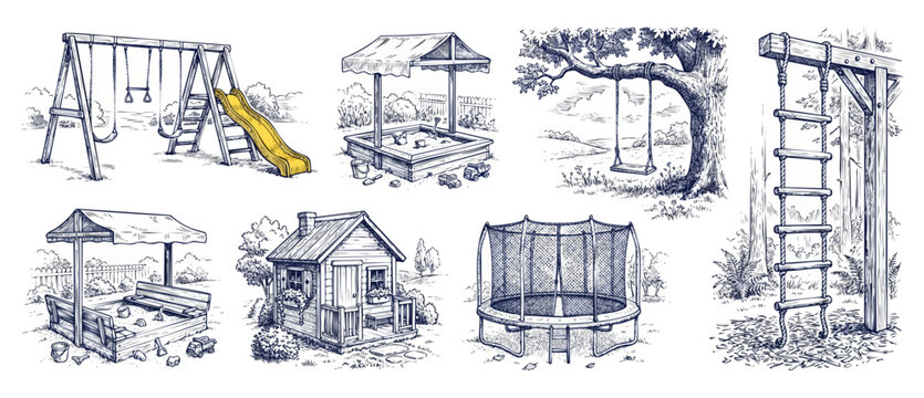 Backyard playground equipment sketch set featuring swing, yellow slide, wooden playhouse, sandbox, trampoline, and rope ladder in hand-drawn engraving style for kid outdoor recreation activity layout.