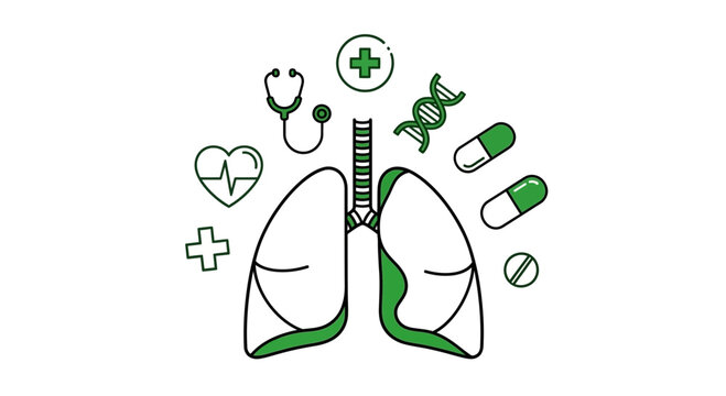 Medical Illustration Featuring Lungs, Heart, Stethoscope, Pills, and DNA Strand Details