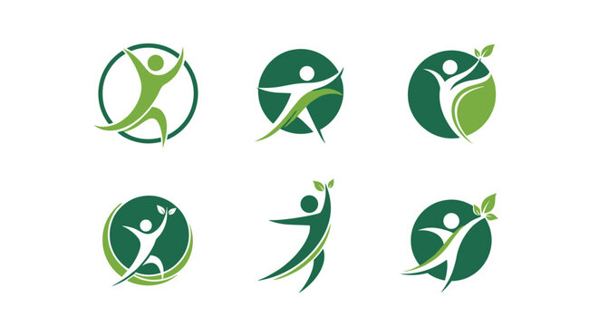 Set of green healthy lifestyle logos featuring abstract human figures with leaves enclosed in circular frames.