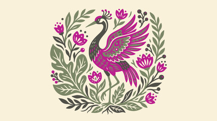 Obraz premium Minimalist flat vector illustration of a stylized rustic crane bird and abstract botanical flowers in a modern folk art linocut style.
