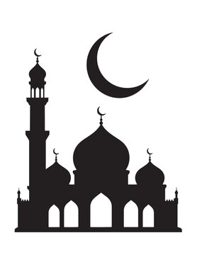 Elegant black mosque silhouette vector, Islamic architecture illustration with crescent moon, religious building graphic for Ramadan and Eid Mubarak designs