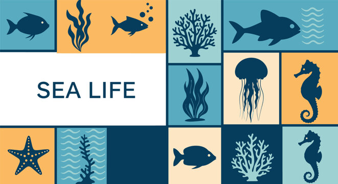 Mosaic block design with geometric tiles containing minimalist silhouettes of various marine life and sea life text.