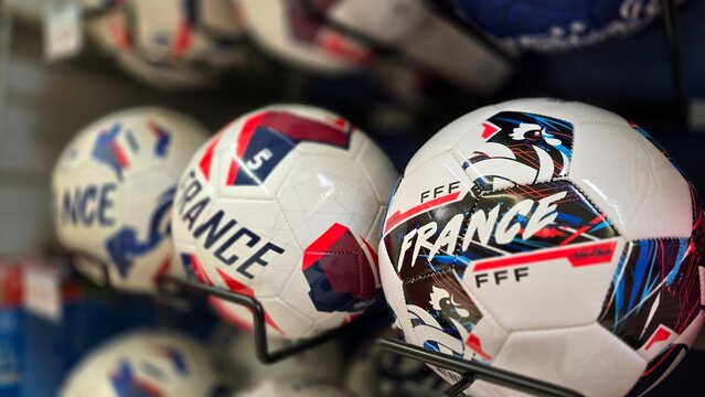 Soulac-sur-Mer, Medoc, France - June 12, 2026. Selective focus on an official France national team soccer ball in Carrefour supermarket.