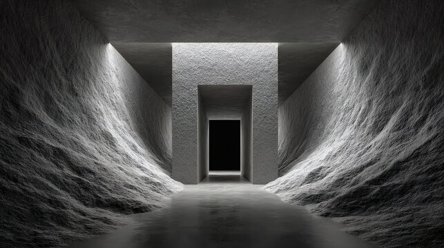 Abstract concrete corridor with glowing doorway