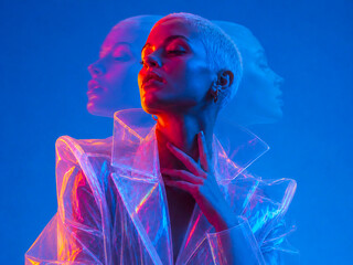 Naklejka premium Futuristic portrait of a woman in a transparent iridescent coat illuminated by vivid blue and pink neon lights.