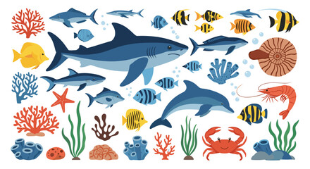Fototapeta premium Diverse collection of marine life showcases a giant white shark, playful dolphin, red crab, and vibrant corals.