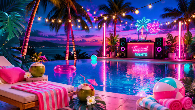 Neon tropical pool party with a DJ booth, coconut drinks and colorful lights overlooking the ocean at sunset.