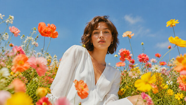 Natural portrait of a woman in a white dress surrounded by colorful blooming flowers under a clear blue sky.