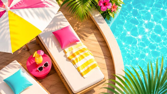 Colorful tropical poolside with sun loungers, a striped umbrella, refreshing drink and sunglasses beside sparkling turquoise water.