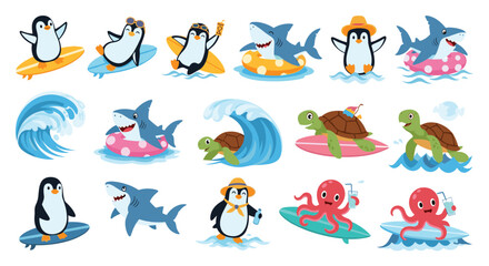 Fototapeta premium Set of cute cartoon penguins sharks sea turtles and octopuses surfing on colorful boards and waves.