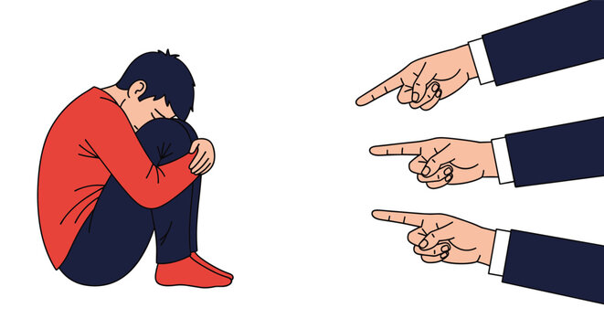 Bullying concept vector illustration displays three hands pointing fingers at a sad crying boy sitting down.