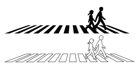 Pedestrian crosswalk icons featuring a person walking across a street in black and white style, representing urban safety, traffic rules, and city navigation concepts. © ARIF AHMED 04