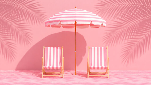 Two pink striped deck chairs sit beneath a matching beach umbrella with palm shadows on a coral wall.
